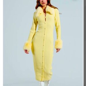 AKIRA Yellow Long Sleeve Dress with Faux Fur